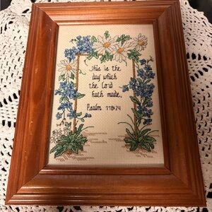 Floral Cross-Stitch Wall Art with Wooden Frame